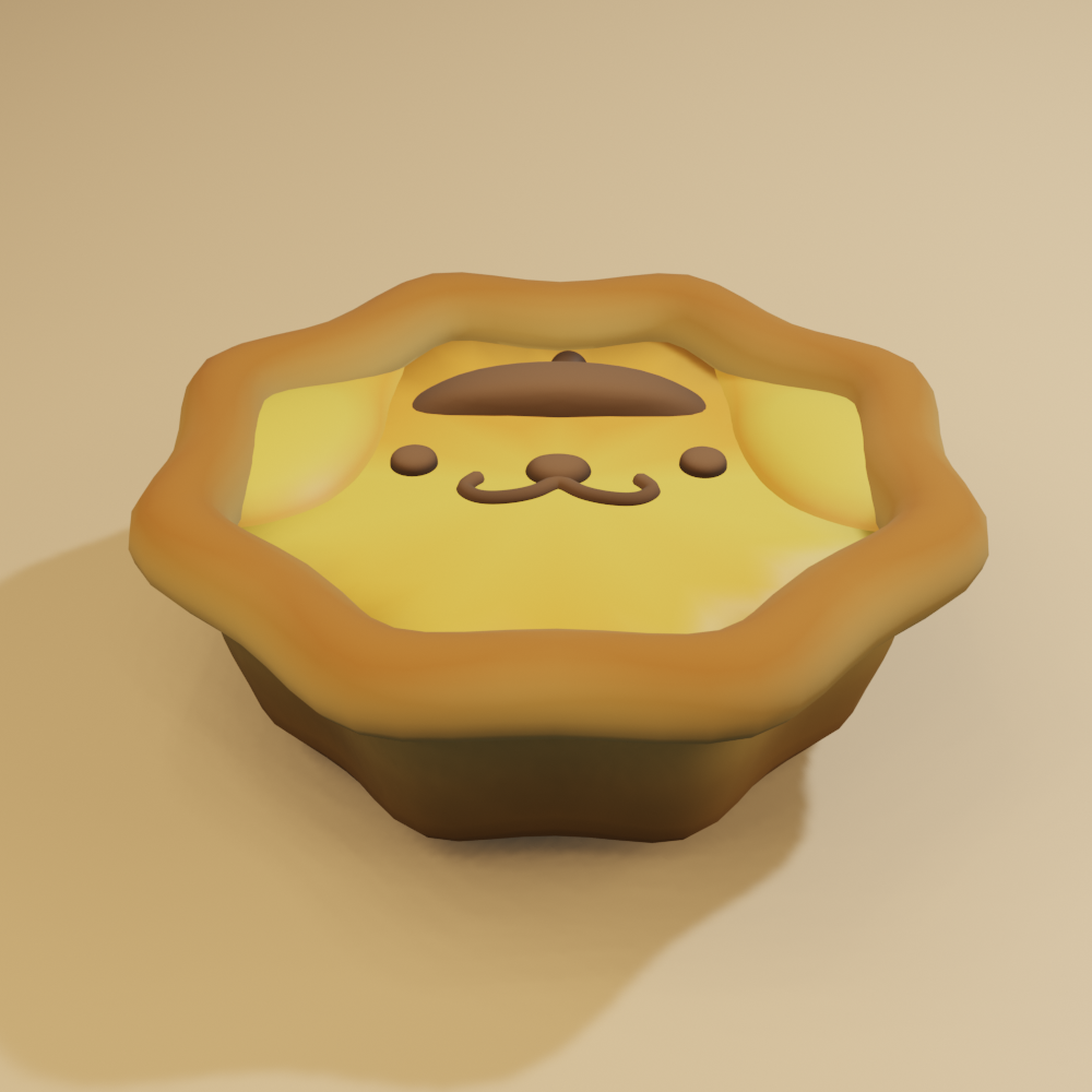 A 3D render of an egg tart with toppings in the shape of the Sanrio character, Pompompurin the dog